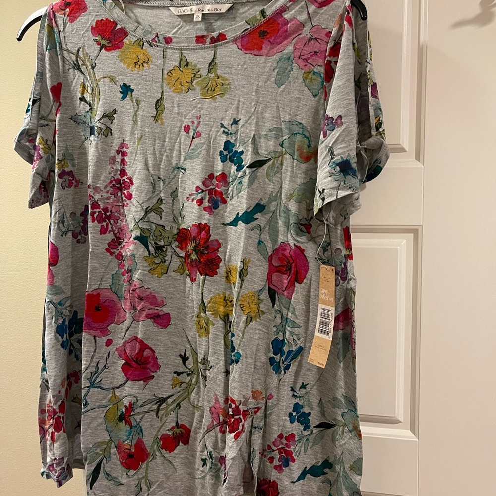 NWT Rachel Roy cold shoulder swing tee, grey with floral, 0X
